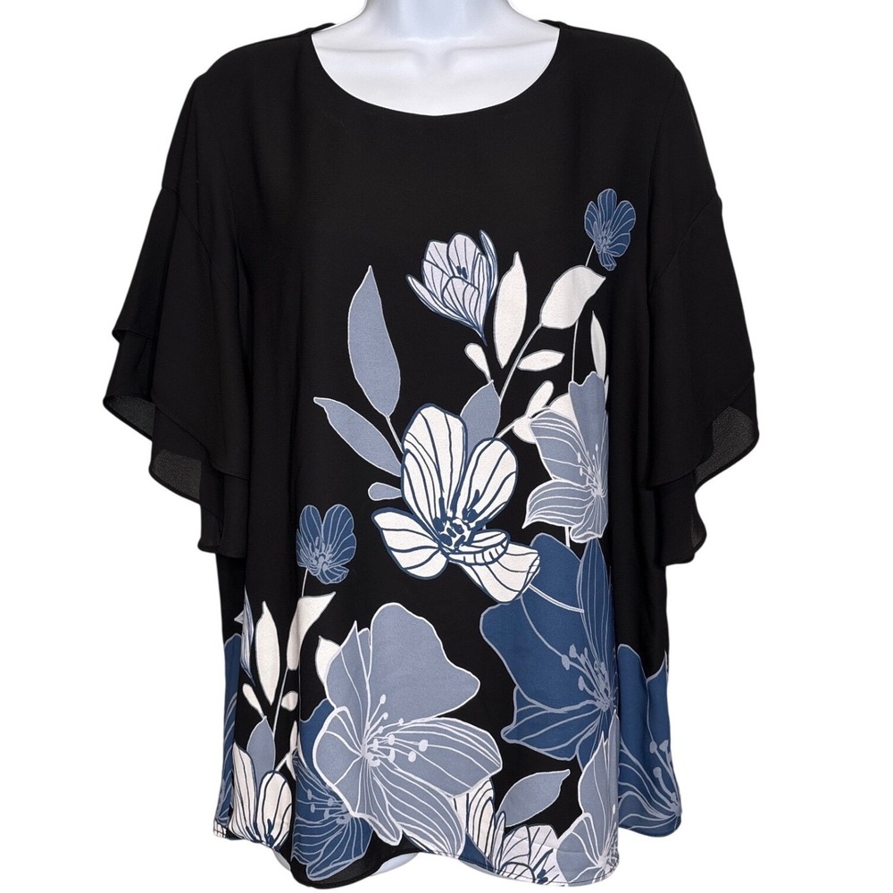 Macy's Alfani Womens Black Blue Floral Flutter Sleeve Top Size M Oversized Flowy